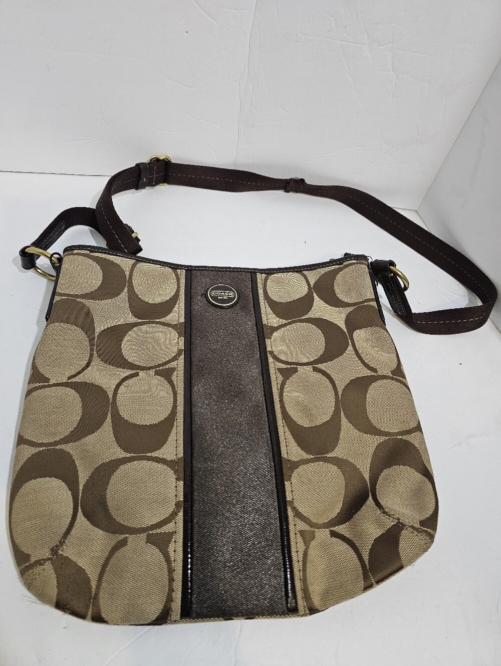 Coach Signature Brown Crossbody Shoulder Bag W/ Adjustable Strap & Zip Closure